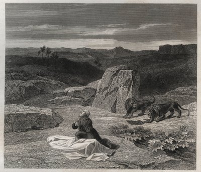 Der heilige Antonius der Große (250/251-356) (oder der heilige Antonius der Einsiedler) begräbt den heiligen Paulus von Theben in der Wüste. Gravur von 1846 in „Lives of the saints“. Private Sammlung von Anonymous Anonymous