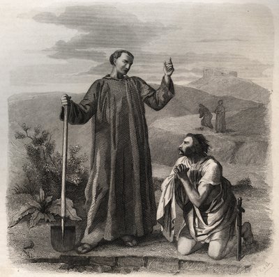 Der heilige Benedikt von Nursia empfängt Totila (6. Jahrhundert), König der Ostgoten. Gravur von 1846 in „Lives of the saints“. Private Sammlung von Anonymous Anonymous