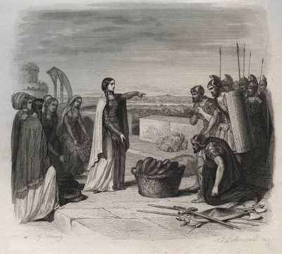 Die heilige Genoveva verteilte während der Belagerung von Paris durch die Armee der Hunnen von Attila im Jahr 451 (barbarische Invasionen) Nahrung an die Menschen. Gravur von 1846 in „Lives of the saints“. Private Sammlung von Anonymous Anonymous