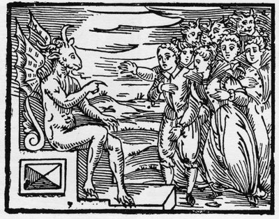 Satan fordert einen Pakt von den neuen Zauberern - „Compendium Maleficarum“, behandelt Hexen, ihre Bosheit und ihre Zauberei von Francesco Maria Guazzo oder Guaccio oder Guaccius (15?? -16??) 1608 Private Sammlung von Anonymous Anonymous