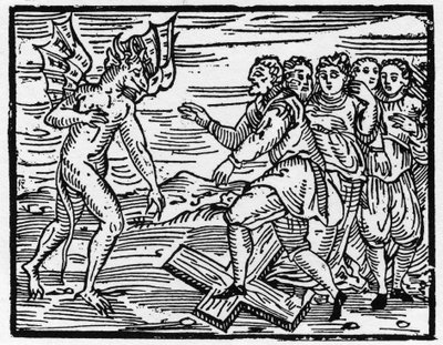 Satan zwingt seine zukünftigen Jünger, auf dem Kreuz zu gehen - „Compendium Maleficarum“, behandelt Hexen, ihre Bosheit und ihre Zauberei von Francesco Maria Guazzo (1608) Private Sammlung von Anonymous Anonymous