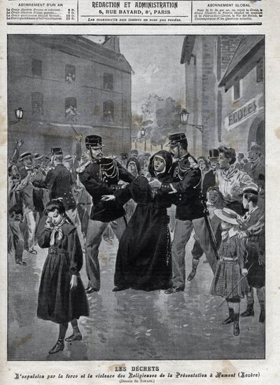Trennung von Kirche und Staat - Vertreibung von Nonnen aus ihren Schulen durch die Polizei in Humont (Lozère) - Titelblatt von „La Croix Illustrée“ von 1902 von Anonymous Anonymous