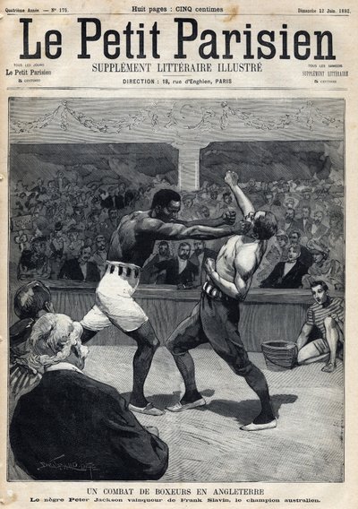 Sport, Boxen: Ein Boxkampf in England zwischen Peter Jackson und dem australischen Champion Frank Slavin. In „Le Petit Parisien“ am 12.06.1892 von Anonymous Anonymous