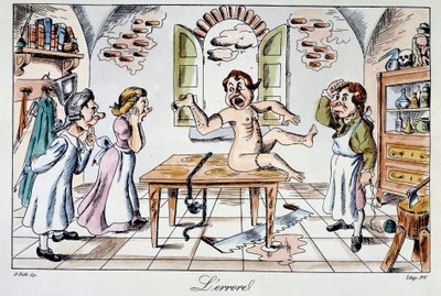Chirurgischer Fehler: ein satirischer Aufkleber, der die Risiken darstellt, denen Patienten ausgesetzt sind, die in die Hände schlechter Ärzte geraten, ein Beispiel für eine Armtransplantation anstelle des Beins. Gravur des 19. Jahrhunderts Privatsammlung von Anonymous Anonymous