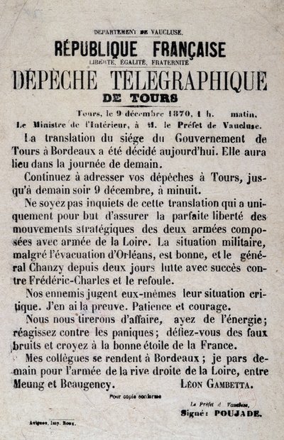 Telegraphische Nachrichten von Tours vom 9.12.1870 von Léon Gambetta von Anonymous Anonymous