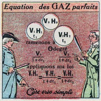 Temperatur und Ausdehnung: Perfekte Gasgleichung, erhalten durch das Gesetz von Louis-Joseph Gay-Lussac und das Gesetz von Edme Mariotte. Anonyme Illustration von 1925. Private Sammlung. von Anonymous Anonymous