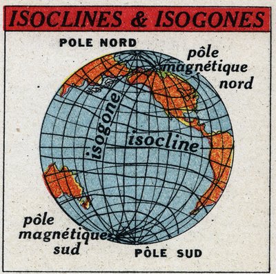 Terrestrischer Magnetismus: Magnetische Karte mit Isoklinen und Isogonen. Anonyme Illustration von 1925. Private Sammlung. von Anonymous Anonymous