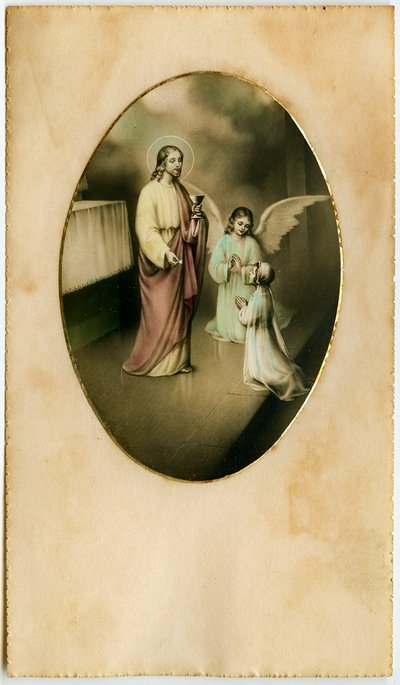 Die Eucharistie, Heilige Kommunion, das Sakrament des Altars: ein Kind vor Jesus (Gravur) von Anonymous Anonymous
