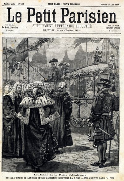 Das Jubiläum der Königin von England Victoria: der Lord Mayor von London Horatio Davies (1819-1901) und seine Stadträte empfangen die Königin in der Stadt. In „Le Petit Parisien“ am 27.06.1897 von Anonymous Anonymous