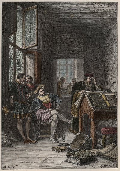 Der König von Frankreich Franz I. (1494-1547), Beschützer der Künste und Wissenschaften, besucht die Werkstätten der Drucker Estienne, ca. 1540 von Anonymous Anonymous