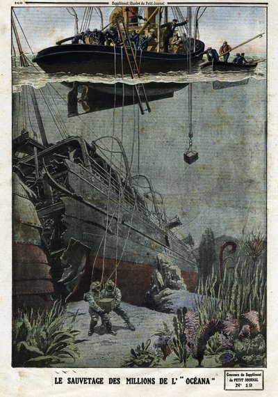 Die Rettung der Millionen der Oceana: Taucher tauchen vor Eastbourne, um die 18 Millionen Metall zu bergen, die der britische Liner nach Indien transportieren sollte. Gravur in „Le Petit Journal“, am 19.05.1912. Private Sammlung. von Anonymous Anonymous