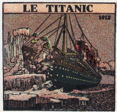 Die T.S.F.: der Untergang der Titanic im Jahr 1912. Notsignale wurden vom T.S.F.-Posten des Schiffes nach dem Zusammenstoß mit einem Eisberg gesendet. Anonyme Illustration von 1925. Private Sammlung. von Anonymous Anonymous