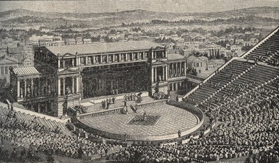 Das Theater des Dionysos, Die Akropolis, Athen, Griechenland - Nachstellung von 1890 des Theaters des Dionysos - in Athen, Antikes Griechenland. - Gravur 1890 von Anonymous Anonymous