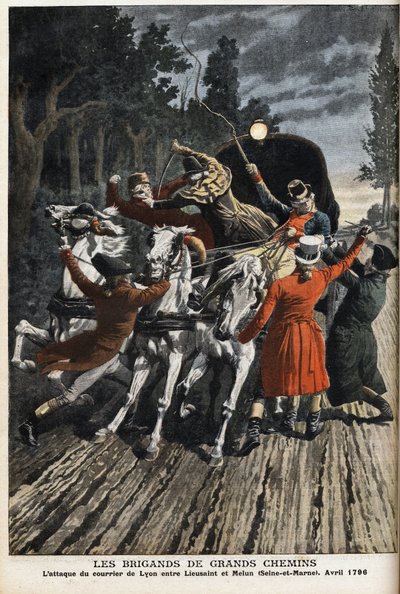 Die Straßenräuber: der Angriff auf die Lyon-Post zwischen Lieusaint und Melun (Seine-et-Marne) im April 1796. Gravur in „Le Petite Journal“ von Anonymous Anonymous