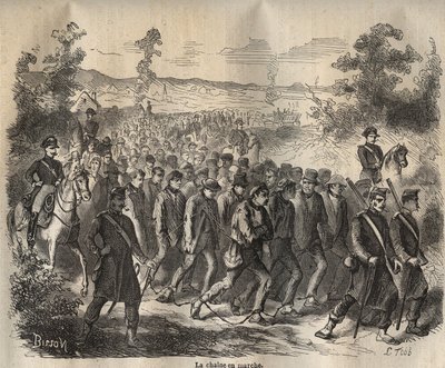Die Kette begann im Toulon Bagne im 19. Jahrhundert. Gravur in „Histoire des bagnes depuis leur création à nos jours“ (1877) von Pierre Zaccone. Private Sammlung. von Anonymous Anonymous