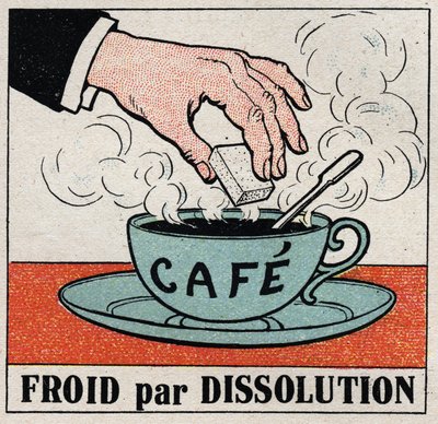 Die Kälteindustrie: Kälte durch Auflösung. Ein Zucker in einer Tasse heißem Kaffee kühlt den Kaffee ab. Anonyme Illustration von 1925. Private Sammlung. von Anonymous Anonymous