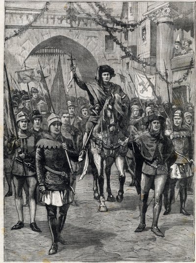 Der Zug der Zünfte im 14. Jahrhundert: Der Prévôt der Kaufleute von Paris. Gravur. In „The Little Parisien“, am 18.06.1899. Private Sammlung. von Anonymous Anonymous
