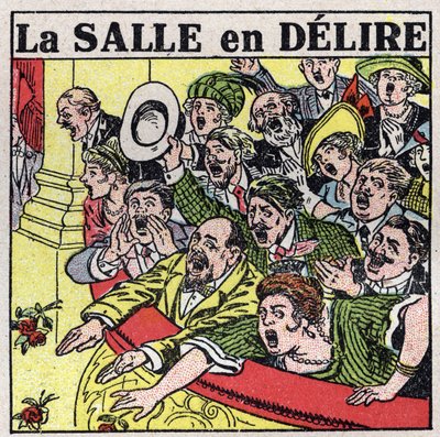 Die Wirkung der Musik: Zuschauer eines Theaters, die ihre Freude mit Rufen, Applaus und Blumen ausdrücken. Anonyme Illustration von 1925. Privatsammlung. von Anonymous Anonymous