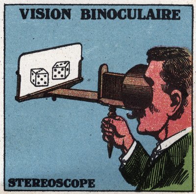 Das Auge: binokulares Sehen. Verwendung eines Stereoskops, um in Relief zu sehen. Anonyme Illustration von 1925. Private Sammlung. von Anonymous Anonymous