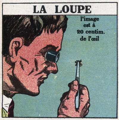 Die ersten optischen Instrumente: die Lupe. Anonyme Illustration von 1925. Private Sammlung. von Anonymous Anonymous