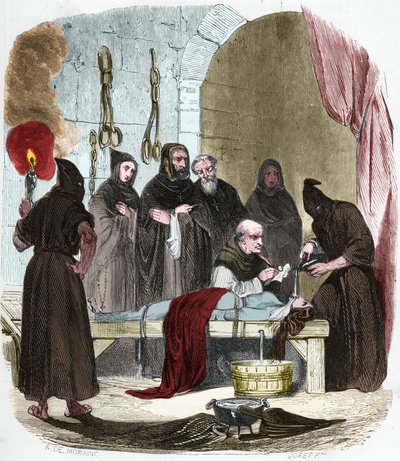 Die Wasserfrage: Pedro (Pierre) de Arbues (1441/1442 - 1485) verhört unter Folter eine junge Frau, die angeblich ihre Schwester zum Luthertum verführt hat. Mit Schnüren gefesselt, wird Wasser in ein Tuch gegossen, das in den Rachen gedrückt wird. von Anonymous Anonymous