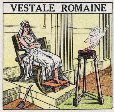 Die Lichtquellen: eine Vestalin im Römischen Reich, um ein heiliges Feuer zu erhalten, das niemals erlöschen darf. Anonyme Illustration von 1925. Private Sammlung. von Anonymous Anonymous