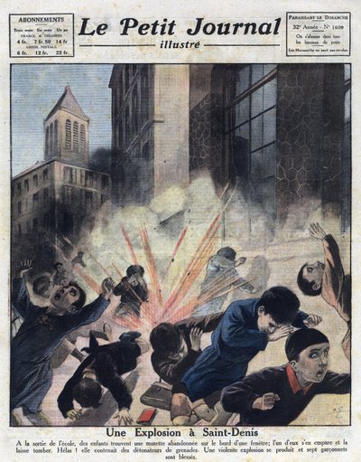 Verschiedene Fakten: Eine Explosion, verursacht durch Granatendetonatoren in einer verlassenen Tasche, mit der Kinder nach dem Verlassen einer Schule in Saint Denis spielten. Illustration aus „Le petit journal illustrious“ vom 23.10.1921. Private Sammlung von Anonymous Anonymous