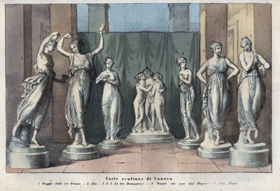 Verschiedene Skulpturen von Canova - Die drei Grazien - Hebe - Die drei Grazien tanzen - Venus Italica - Muse - Gravur aus „Usi e Costumi di Tutti i Popoli dell