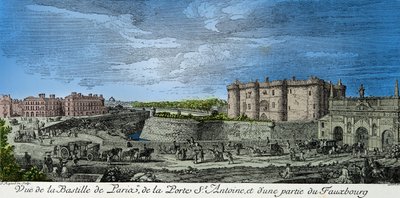 Ansicht der Bastille von Paris, der Porte Saint Antoine und eines Teils des Vororts im 18. Jahrhundert, Gravur, private Sammlung von Anonymous Anonymous