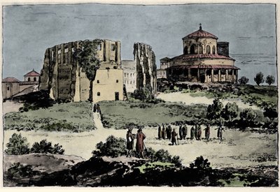 Ansicht der Kirche Santa Costanza, Mausoleum von Kaiser Konstantin, erbaut im 4. Jahrhundert in der Nähe der Basilika St. Agnes in Rom. Illustration aus dem 19. Jahrhundert von Anonymous Anonymous