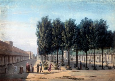 Ansicht des Hofes der Paisibles im Hospiz von Bicetre. Der Spaziergang der Geisteskranken im Krankenhaus im Jahr 1824 von Anonymous Anonymous