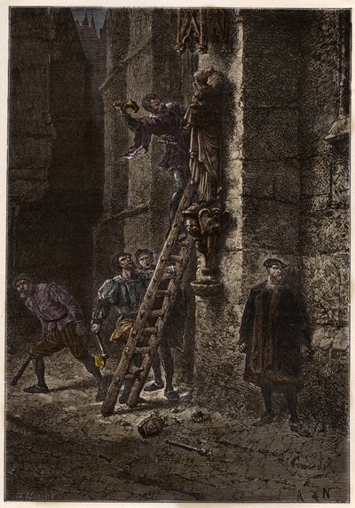 Religionskriege - Ikonoklasmus - Zerstörung heiliger Objekte durch Ketzer (Protestanten) im 16. Jahrhundert in Frankreich - Ketzende Ikonoklasten in Frankreich - Ikonoklastischer Zorn - Protestanten zerstören Bilder von Maria und dem Christkind - Gravur au von Anonymous Anonymous