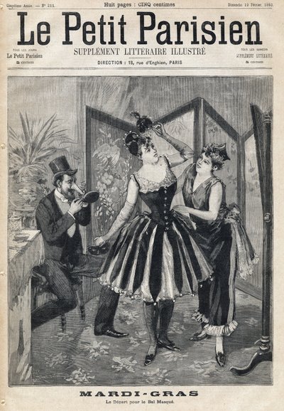 Frauen bereiten ihre Verkleidung hinter einem Bildschirm vor und ein Mann probiert seine Maske in Form eines Elefantenrüssels für den Maskenball des Karnevals. In „Le Petit Parisien“ am 19.02.1893 von Anonymous Anonymous