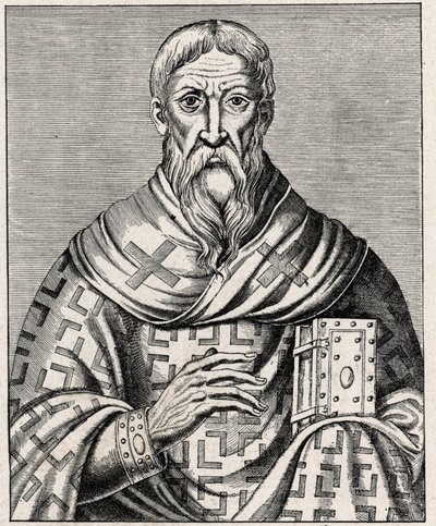 Porträt von Dionysius dem Areopagiten - Porträt von Saint Denys dem Areopagiten (1. Jahrhundert), griechischer Bischof - Gravur nach einer Illustration aus „Leben berühmter Männer“ von Thevet - In „Les Missions Catholiques au XIXème Siècle“ von Louis-Eugèn von Anonymous Anonymous
