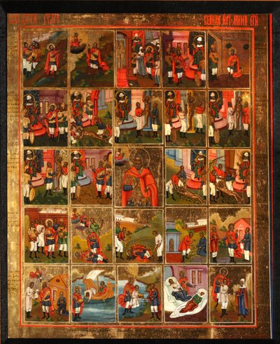 Heiliger Menas mit Szenen aus seinem Leben, Mitte des 19. Jahrhunderts von Anonymous Russian icon painter