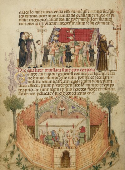 Die Überführung der Leichname von Aimo und Vermondo; Die Menschen von Mailand beten am Altar, wo Aimo und Vermondo begraben sind von Anovelo da Imbonate