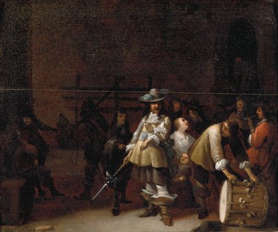 Ein Wachrauminterieur mit einem Kavalier, der sich mit einem Trommler unterhält von Anthonie Palamedesz
