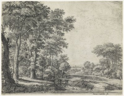 Waldrand mit einer Holzbrücke von Anthonie Waterloo