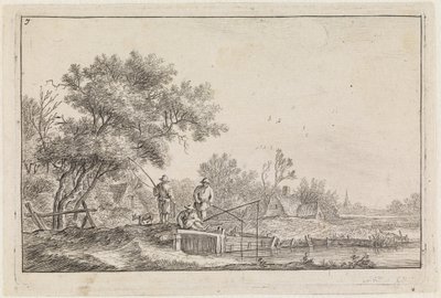 Drei Angler auf der kleinen Brücke (Nr. 7 aus einer Serie von 12 Drucken) von Anthonie Waterloo
