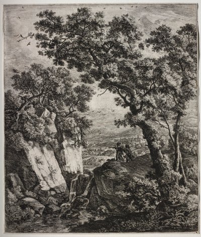 Sechs große aufrechte Landschaften mit Szenen aus dem Alten Testament: Tobias und der Engel von Anthonie Waterloo