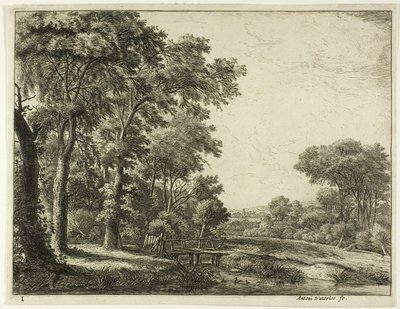Der Eingang zum Wald an der kleinen Holzbrücke von Anthonie Waterloo