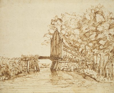 Kleine Brücke über Wasser und das Tor zum Anwesen von Anthonie van Borssom