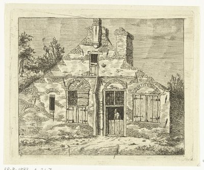 Mann in altem Haus, über die Tür nach draußen schauend von Anthonie van den Bos