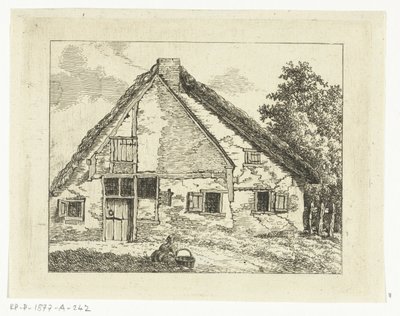Frau mit Korb sitzend vor einem Haus von Anthonie van den Bos