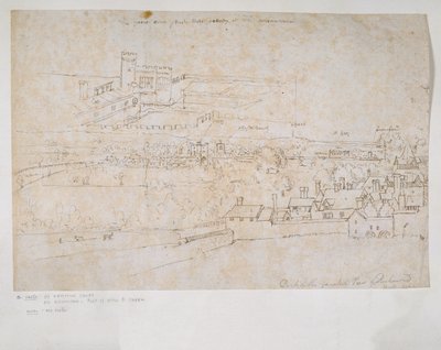 Blatt mit Studien der Paläste von Hampton Court und Richmond und der umliegenden Landschaft von Anthonis van den Wyngaerde