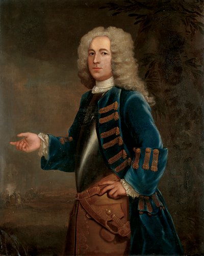 Porträt von Henry Boyle, Kapitän der Pferde, in einer Landschaft, mit einer Schlacht im Hintergrund, 1730 von Anthony Lee