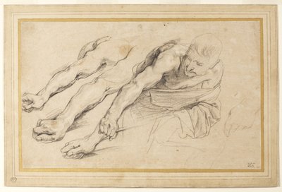 Figur eines Mannes, der sich nach vorne beugt, mit ausgestrecktem rechten Arm; drei Studien des rechten Arms und eine der linken Hand für dieselbe Figur (Kreide auf Papier) von Anthony van Dyck