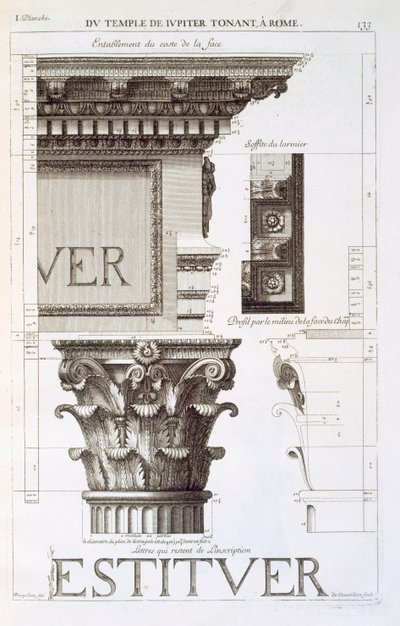 Gebälk, Kapitell und Inschrift vom Tempel des Jupiter Tonans (Der Donnerer), aus 