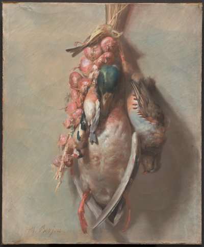 Jagdtrophäe mit Stockente, Rebhuhn, Stieglitzen und Zwiebeln von Antoine Berjon