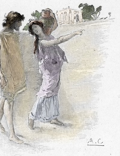 Odyssee von Homer: Gesang VII: Odysseus, von Athena verkleidet als junges Mädchen, kommt zum Palast von Alkinoos Illustration von Antoine Calbet (1860-1944) für „Die Odyssee“ von Homer 1897 Private Sammlung von Antoine Calbet